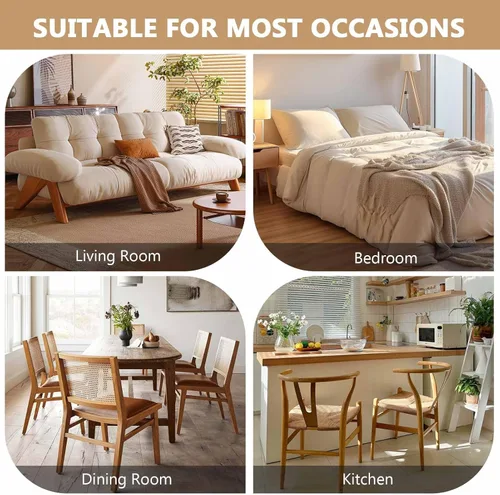Miniatura 7 de Juego de 2 sillas de comedor francesas con respaldo redondo, sillas de comedor tapizadas de mediados de siglo con patas de madera maciza para Beige
