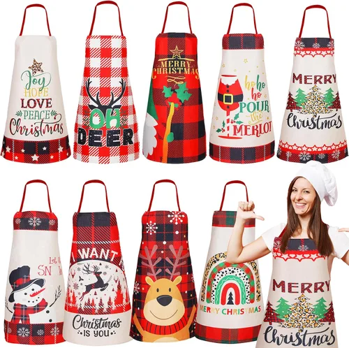 Suhine 9 delantales de Navidad a cuadros rojos y negros para mujeres y hombres, árbol de Navidad, muñeco de nieve, vacaciones, cocina, hornear,