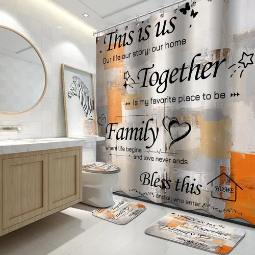 Miniatura 19 de Lnond Juego de 4 Piezas de Cortinas de Ducha para Baño con Alfombras, Azul y Naranja Motivacional Hogar Familia Juegos de Baño con Cortina de Ducha
