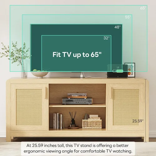 Miniatura 7 de LIKIMIO Soporte de TV con toma de corriente para televisores de hasta 65 pulgadas, centro de entretenimiento con puertas de ratán de almacenamiento