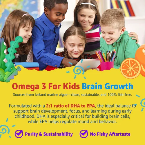 Miniatura 5 de Gomitas multivitamínicas para niños con hierro, sin azúcar, vitaminas diarias para niños + probióticos, Omega 3 de algas (EPA/DHA), A, C, D, metil