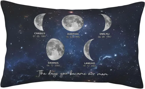 Custom The Day You Became Our Mom Pillow Cover, Personalized Family Birth Moon Phase Pillowcases with Name Birthdate Gift for Mom Dad Father's Day