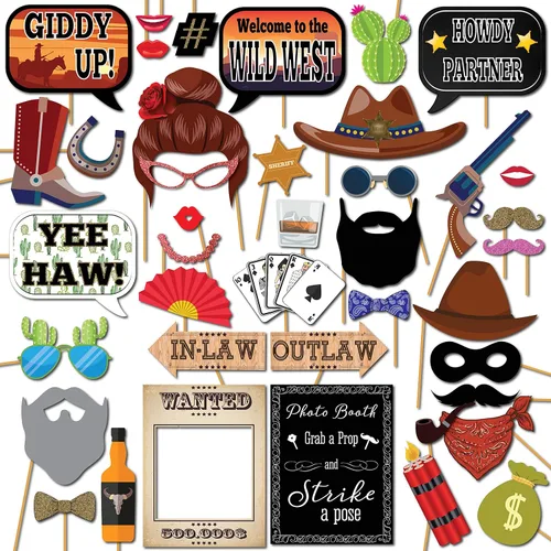 Western Photo Booth Props - Kit de 41 piezas de accesorios para fotos con letrero de 8 x 10 pulgadas, 60 almohadillas adhesivas, 45 varillas,
