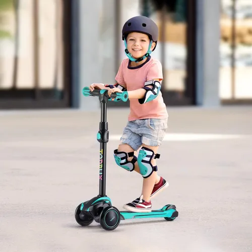 Miniatura 8 de TONBUX Patinete para niños de 3 a 12 años, patinete para niños pequeños con 4 alturas ajustables, patinete de 3 ruedas con luces, diseño de Verde
