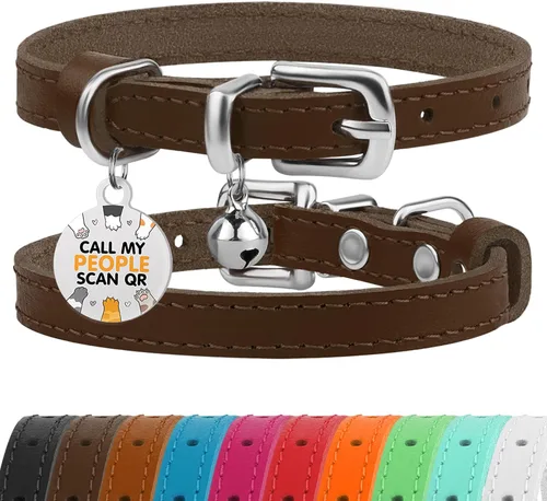 Miniatura 12 de BRONZEDOG Collar de cuero para gato con campanas extraíbles sin liberación rápida, etiqueta QR para gatito para niña y niño