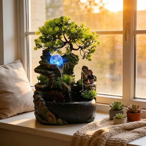 Miniatura 21 de 11.81 pulgadas Fuente de rocalla de mesa para interiores, cascada de bonsái, mini fuente de agua de rocalla con bomba automática y luz LED