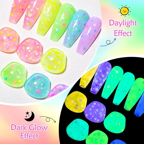 Miniatura 6 de MEET ACROSS Juego de esmaltes de uñas de gel luminosos de caramelo de 6 colores, esmalte de uñas de gel que brilla en la oscuridad con cepillo