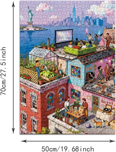 Miniatura 3 de Rompecabezas para adultos de 1000 piezas, rompecabezas de reunión en la azotea, rompecabezas de 1000 piezas para adultos NYC Rooftop Illustration