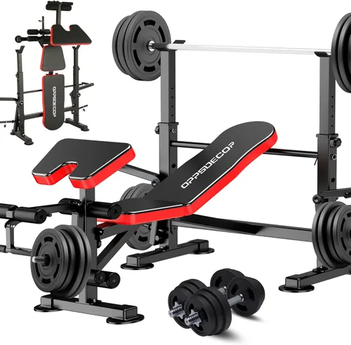 OPPSDECOR Juego de banco de pesas todo en uno de 900 libras con estante para sentadillas, banco de entrenamiento ajustable con desarrollador de