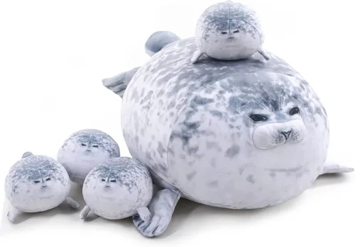 TOYSYM - Almohada de foca gordita de peluche linda con 4 peluches bebés en su barriga, juguete de animales de algodón suave para regalos para niños