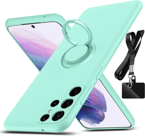 Funda para Galaxy S22 Ultra, con soporte de anillo giratorio de 360° y correa de silicona líquida, delgada, a prueba de golpes, funda protectora Azul