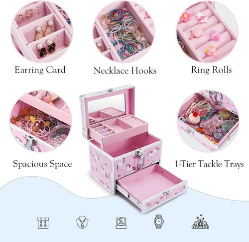 Miniatura 4 de Hododou Joyero para niñas diseño de unicornio rosa organizador con cajón y espejo estuche de almacenamiento con cerradura estilo unicornio