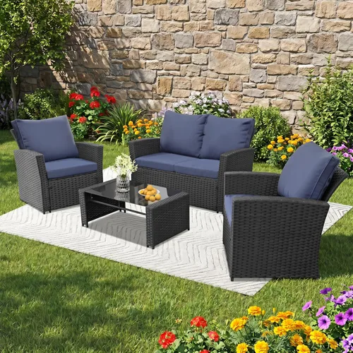 Miniatura 10 de FHFO Juego de 4 muebles de patio al aire libre, muebles de exterior, juego de sofá modular de mimbre para conversación al aire libre, juego de sofá