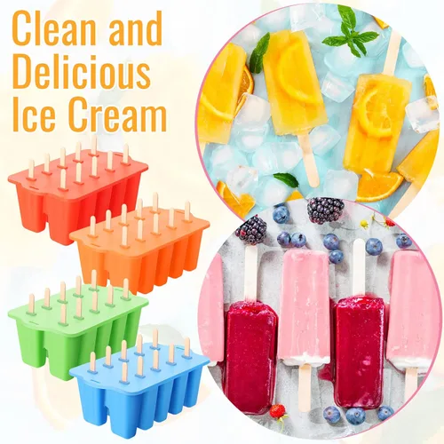 Miniatura 4 de Hoolerry Juego de 4 moldes de silicona para paletas de hielo, moldes reutilizables para helado con 200 palos de madera, máquina de reventar de fácil