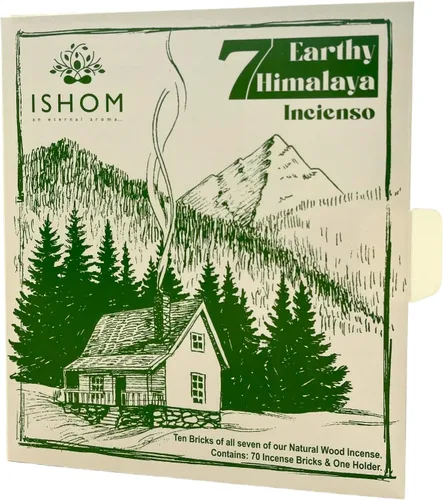 Ishom 7 Incienso Incienso del Himalaya terroso - Pinón, cedro, enebro, nogal, aliso, mezquite, bálsamo de abeto con soporte - Hecho en la India