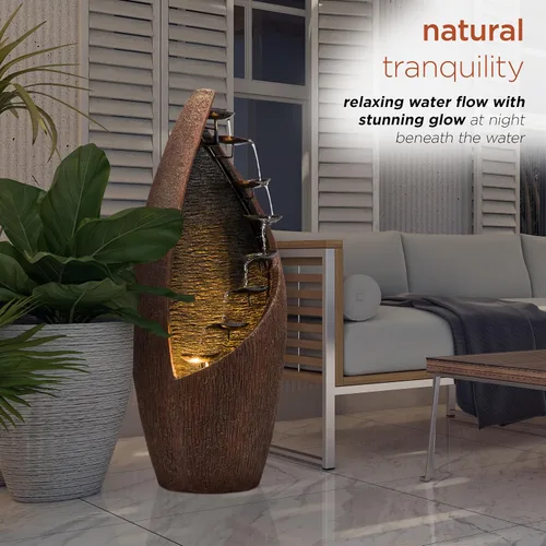 Miniatura 7 de Alpine Corporation Fuente de agua de metal de bronce escalonado contemporáneo de 43 pulgadas de alto con luces LED, elegante función de agua al aire