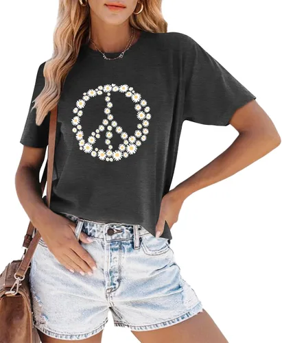 Miniatura 3 de Camiseta de amor con signo de paz para mujer, camiseta con estampado de flores, hippie de manga corta de los años 60 y 70, camiseta inspiradora
