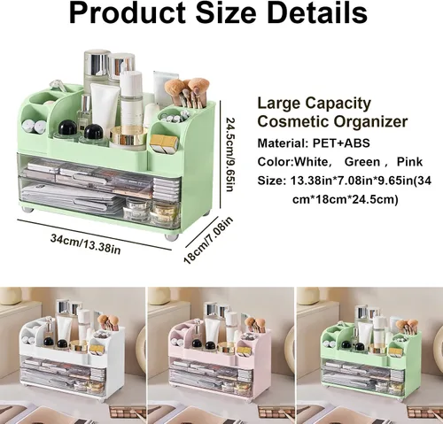 Miniatura 7 de DASITON Organizador de maquillaje de gran capacidad para tocador con 2 cajones, organizadores de cuidado de la piel con soporte para brochas