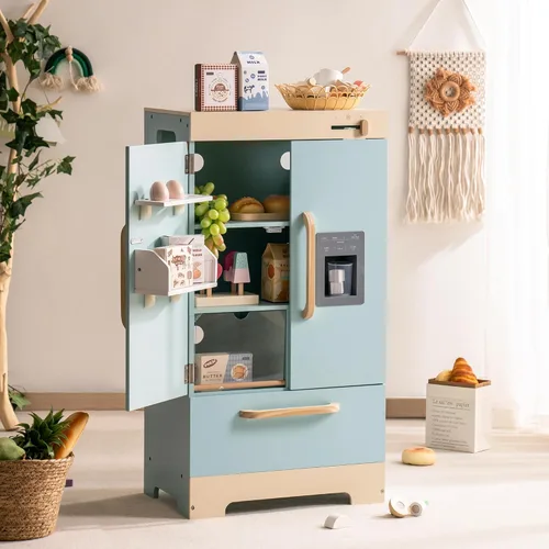 ROBOTIME - Refrigerador de madera de juguete, para niños pequeños y grandes, con máquina de hielo y alimentos, juego de cocina de simulación para