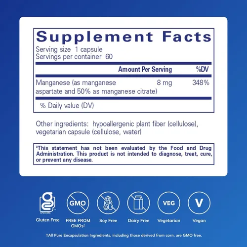 Miniatura 2 de Pure Encapsulations Manganeso (aspartato/citrato) Suplemento mineral traza hipoalergénico para tejido conectivo y huesos 60 cápsulas