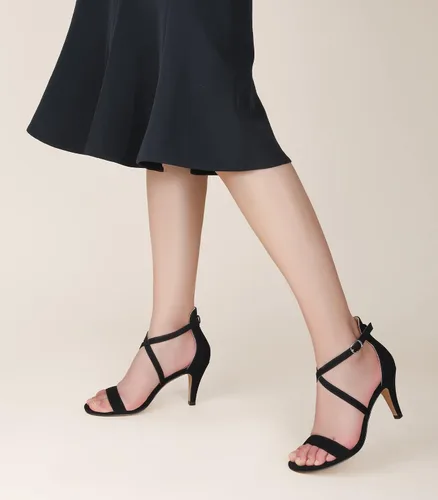 Miniatura 5 de Ankis Tacones negros dorados y negros con tiras cruzadas para mujer, sandalias de tacón de aguja de 3 pulgadas, sandalias de punta abierta
