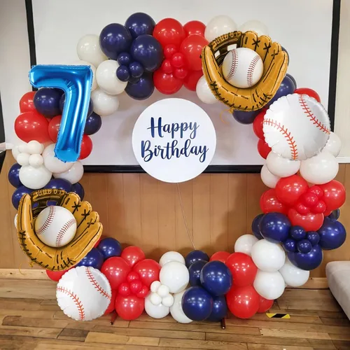 Miniatura 4 de Arco de globos de béisbol con globo azul marino del número 7 de 40 pulgadas, decoraciones de fiesta de 7º cumpleaños para niños con guante