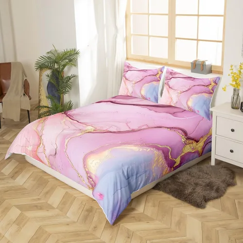 Miniatura 2 de Funda nórdica de mármol rosa tamaño individual para mujeres adultas y niñas con temática de arte abstracto Juego de ropa de cama