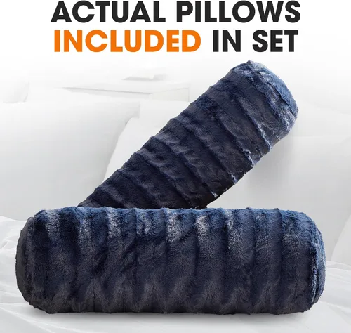 Miniatura 7 de Cheer Collection Almohadas cilíndricas de piel sintética – Almohadas cilíndricas decorativas suaves para cama o sofá, lavables a máquina, 8 x 24 Azul