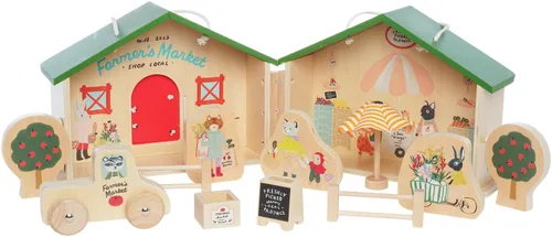 Miniatura 4 de Manhattan Toy Mercado de Granjeros 12 Piezas Juego de Figuras de Juguete de Madera Portátil para Simular Compras