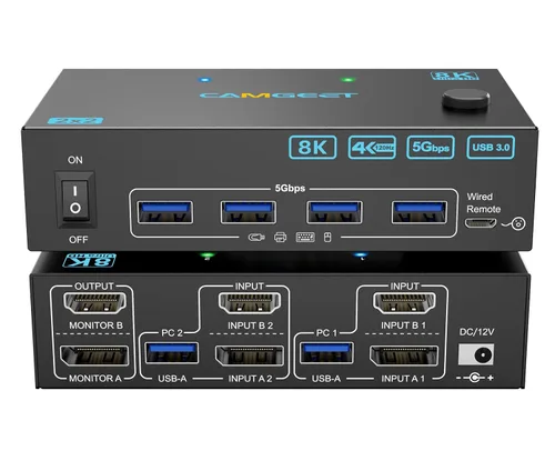 Interruptor KVM 4K@144Hz 2 Monitores 2 Computadoras 8K@60Hz, Camgeet Interruptor KVM de Monitor Dual HDMI y DisplayPort con 4 Puertos USB 3.0 para