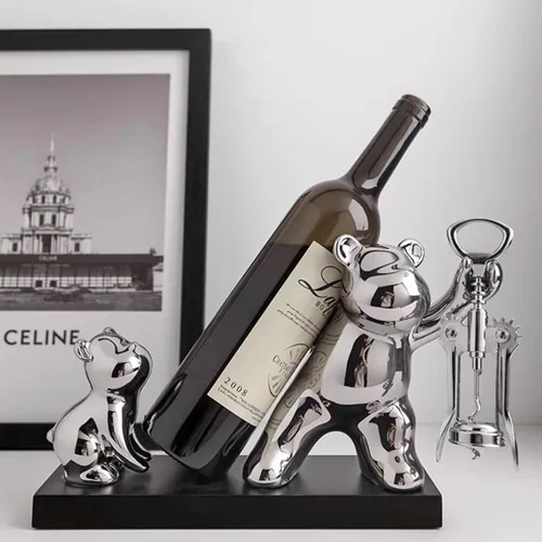 Miniatura 4 de Linxia Estante de vino de mesa, soporte para botellas de vino de doble oso con sacacorchos, soporte de cerámica plateado independiente para botella