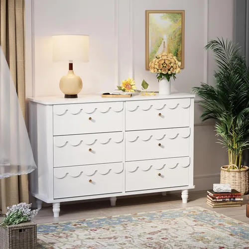 Miniatura 8 de Anbuy Cofres de guardería festoneados rosados y cómoda para dormitorio de niños, cómoda de madera con 6 cajones, cómodas y cómodas con asas de metal