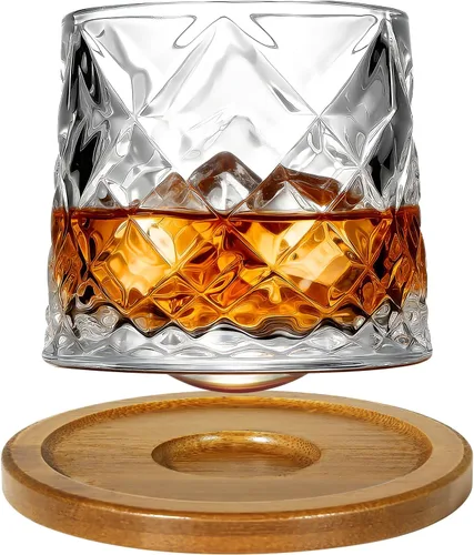 Vaso de vidrio antiguo giratorio, 275ml/10oz de vidrio de whisky de cristal, posavasos de madera, engrosamiento, utilizado como vaso de ron, vaso de