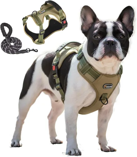 Miniatura 21 de Arnés táctico para perro de tamaño M sin tirones, con asa y ribete reflectante, arnés ajustable para el pecho con clips de correa delantera y Caqui