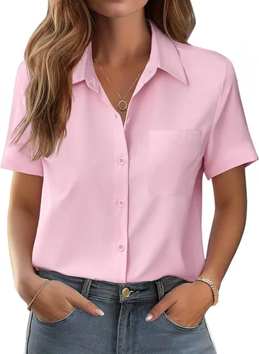 Miniatura 21 de Zeagoo Blusa de manga corta con botones para mujer, con bolsillo en el busto, para negocios, casual, para el trabajo, trajes de verano