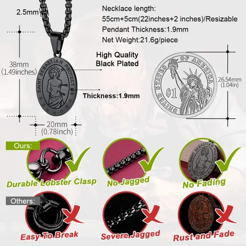 Miniatura 4 de FaithHeart Collar de San Sebastián, patrón de acero inoxidable, santo de atletas, medallón protector cristiano para béisbol, fútbol, baloncesto