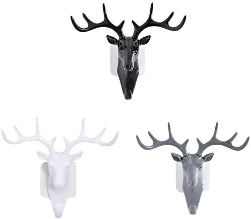 HomeImpel Paquete de 3 ganchos de una sola pared con cabeza de elefante/cabeza de ciervo con forma de animal para abrigo, gancho para sombrero,