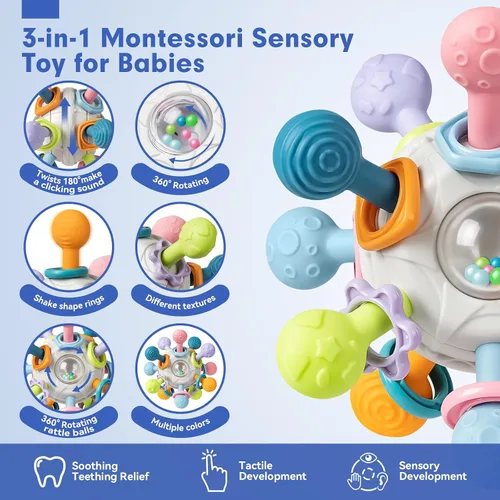 Miniatura 3 de SpringFlower Juguetes Montessori 3 en 1 para bebés de 0-3-6-12 meses, sonajero mordedor y bloques para bebés y anillos blandos apilables, juguetes