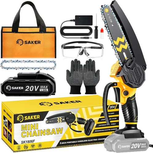Saker Mini motosierra inalámbrica de 6 pulgadas con interruptor de bloqueo de seguridad, motosierra eléctrica inalámbrica, motosierra pequeña de