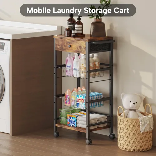 Miniatura 3 de Organizador de cocina y carrito de almacenamiento con cajón de tela y asa práctica, carrito organizador de aperitivos con 2 cestas extraíbles y 2