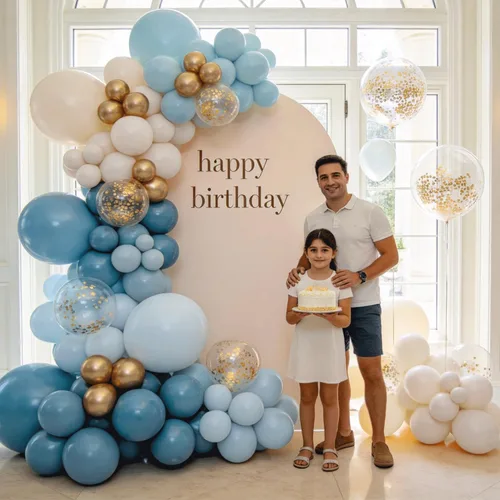 Miniatura 5 de Dusty Blue Balloon Arch Kit， Baby Blue and gold Balloon Sand White Confetti Gold Balloons for Baby Shower Beach Party Birthday Wedding Decorations