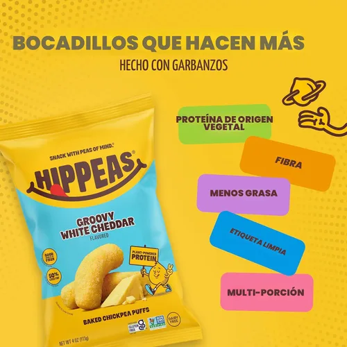 Miniatura 6 de Hippeas - Bocadillos de garbanzos inflados, cheddar blanco vegano, 4 onzas (paquete de 1), 4g de proteína, 3g de fibra, vegano, sin gluten