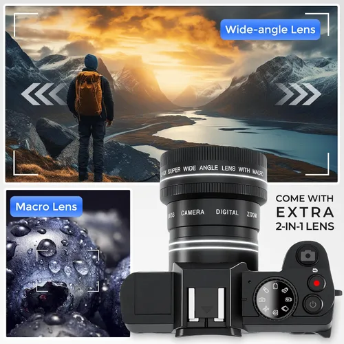 Miniatura 4 de Cámara digital 4K para fotografía con WiFi, cámara de videoblogs con autofoco para YouTube con pantalla giratoria, viene con 2 baterías, lente gran