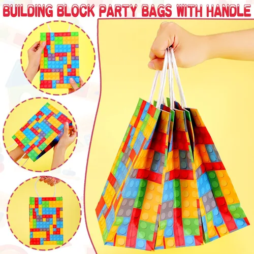 Miniatura 5 de Diomelu 24 bolsas de bloques de construcción, bolsas de dulces de ladrillos de color, bolsas de regalo para fiestas temáticas con asas, bolsa