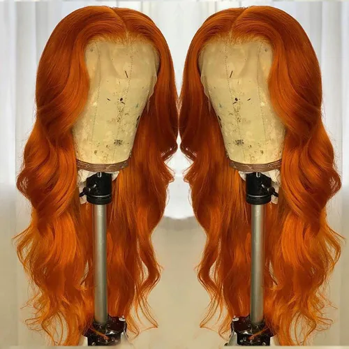 Miniatura 5 de ANDRIA Pelucas de encaje frontal 13x4 HD 28 pulgadas, pelucas de onda corporal naranja jengibre largas sin pegamento, línea capilar prearrancada