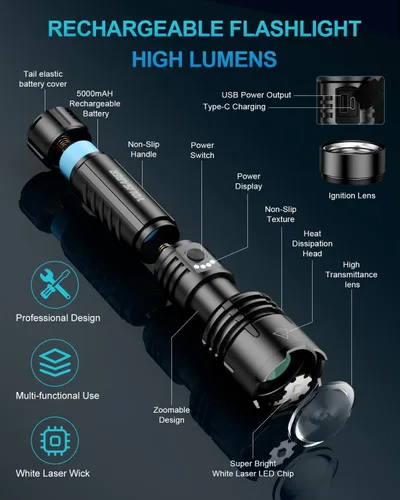 Miniatura 5 de Linterna de 2000 lúmenes de alta luminosidad con lente de encendido, linterna LED recargable superbrillante con zoom, 5 modos, impermeable, linterna