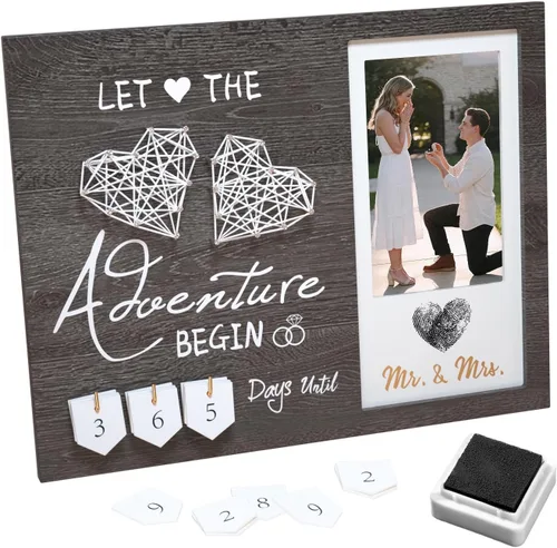 Regalos de compromiso para pareja, Marco de fotos con huella dactilar de corazón para cuenta regresiva de boda y kit de tinta, Regalo para futura