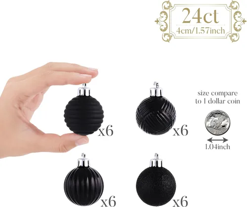Miniatura 2 de Valery Madelyn 1.6" Adornos Pequeños de Navidad para Árbol, Juego de 24 Adornos Colgantes de Bola Negros Inastillables a Granel para Decoración