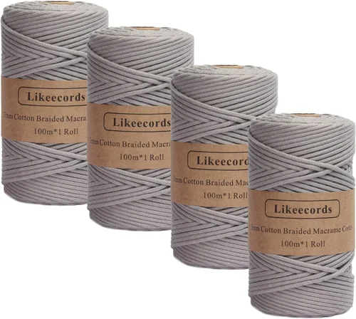 Miniatura 59 de Cordón de Algodón Trenzado 3mm x 109 yardas - Cuerda de Macramé Colorida para Manualidades, Ganchos, Colgantes de Pared - 100% Algodón Natural