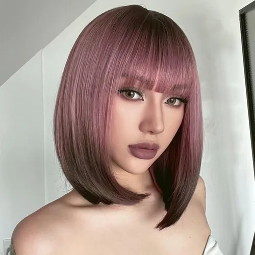 Miniatura 3 de AISI BEAUTY Peluca de cabello sintético lacio y corto con flequillo, color rosa ceniza, de 12 pulgadas, para niñas, cosplay, fiesta Rosa ceniza a